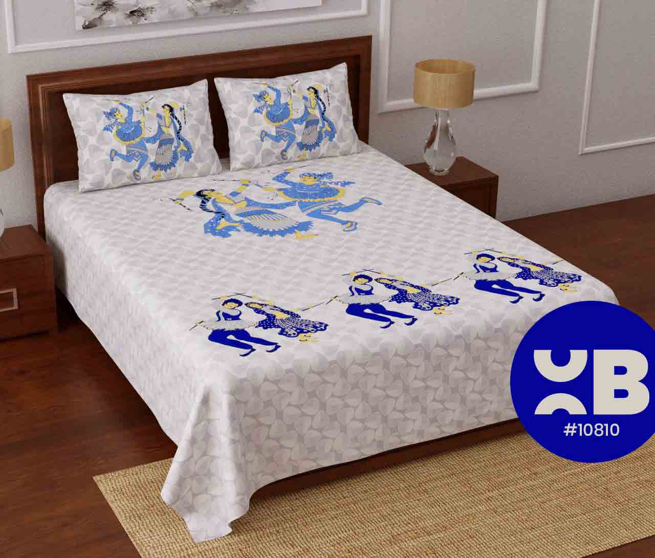 Blue gujrati print King Size Double Bedsheet with two Pillow Covers ( 100X108)