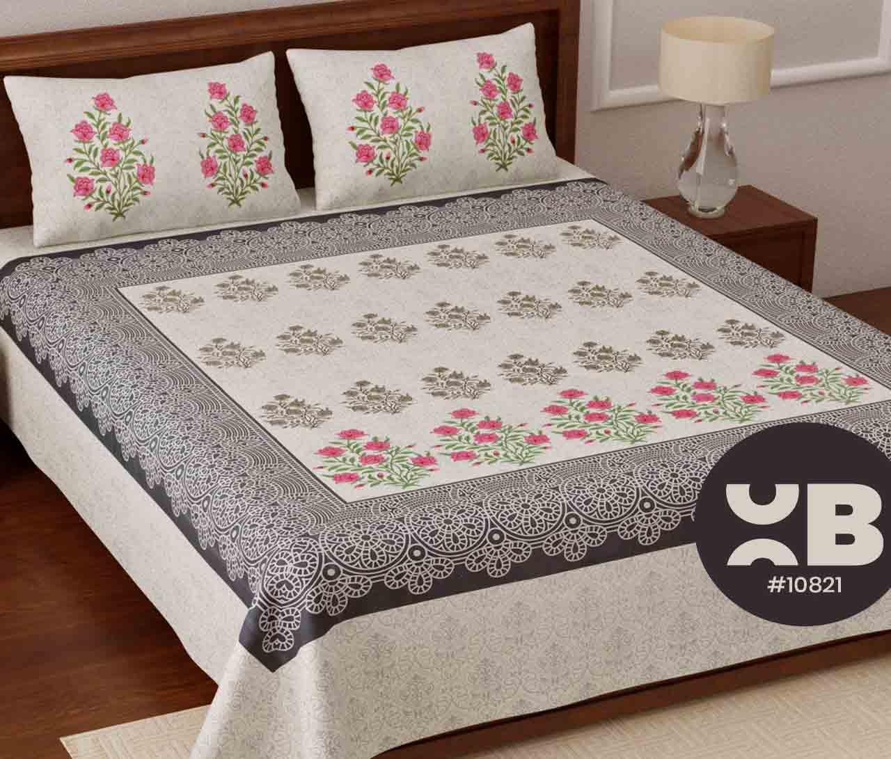 Aligned flower printed King Size Double Bedsheet with two Pillow Covers ( 100X108)