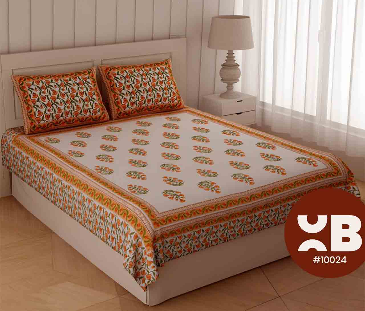 Orange Printed Flower Queen Size Double Bedsheet With Two Pillow Covers (100x100)
