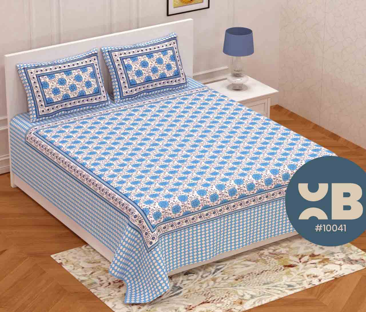 Sky Blue Printed Queen Size Double Bedsheet With Two Pillow Covers (100x100)