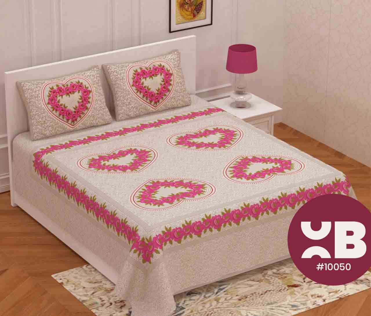 Pink Heart & Flower Queen Size Double Bedsheet With Two Pillow Covers (100x100)