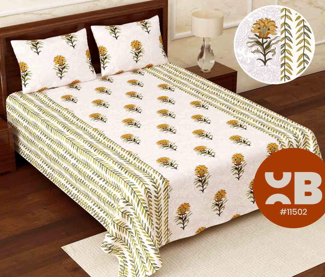 Leaf and flower printed Super King Size Double Bedsheet with two Pillow Covers ( 110X115)